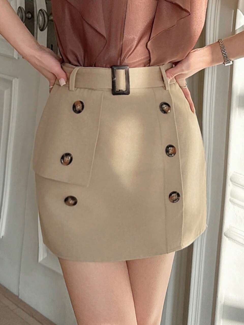 New Design High Waist Double Button Decor Mini Skirt For Women, Summer