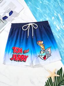 TOM & JERRY X SHEIN Shorts de playa con cordón en la cintura, gráfico de dibujos animados, azul degradado, para vacaciones de verano, hawaiano