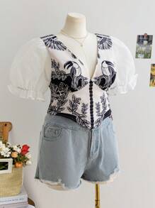 Soleia Blusa de manga abullonada con estampado retro para mujer talla grande