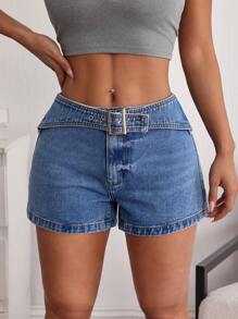 SHEIN ICON Short informal de mezclilla con cinturón para tallas grandes de verano - Azul - Ver 3
