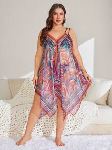 SHEIN Swim Curve Plus Size Women's Sleeveless Print Patchwork Beach Cover Up, For Summer Vacation