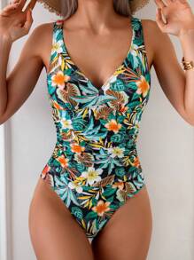 Shapewave Kvinnors One-Piece Tropisk Plantor Tryck Magkontroll Baddräkt Med Bred Rem - Svart - Visa 6