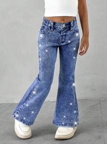 Young Girl Distressed Rhinestone Embellished Flared Washed Denim Jeans - Medium Wash - View 5
