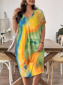 SHEIN LUNE Tie Dye Casual Dress, Minimalist & Fashionable For Everyday Wear Boho Old Money - Multicolor - View 3