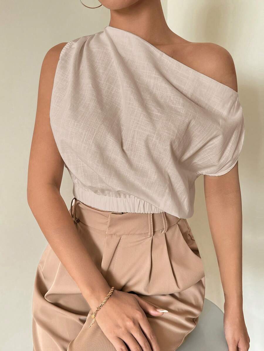 Firerie 女士不对称露肩宽松无袖竹纤维亚麻衬衫，优雅适合度假和日常穿着 - 杏色 - 查看 1