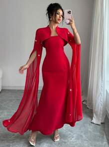 Rafferiza 2 piezas Vestido elegante rojo de mujer de tubo con tirantes de espagueti, decoración de cuentas, tren y capa desmontable - Rojo - Ver 3