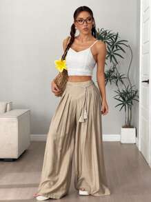 Flirla Damen locker sitzende weite Palazzo Hose mit Quasten, entspannter Urlaubsstil