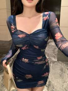 DAZY Women Ditsy Floral Mesh Patchwork Waist Fitted Mini Dress,Fall Dress - Navy Blue - View 14