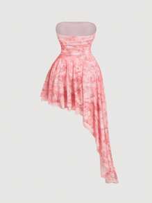 SHEIN MOD Plus Size Butterfly Print Ruched Asymmetric Hem Dress, Suitable For Date, Party, Holiday, Brunch