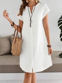 EMERY ROSE Women's Solid V-Neck Short Sleeve Casual Mid-Length Dress - White - View 1