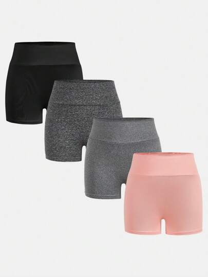SHEIN Girlism 4pcs Tween Girls Daily Casual Spring/Summer Solid Color High Waist Sports & Yoga Shorts