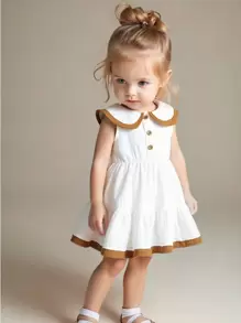 Vintaside Kids Vestido de algodón de gasa con doble cuello y falda acampanada con volantes para niñas, apropiado para fiestas y salidas. - Blanco - Ver 3