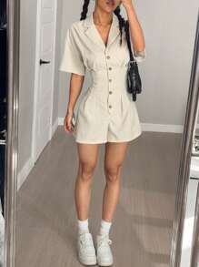 Flirla 女士有领短袖纯色纽扣连体衣 - 杏色 - 查看 1