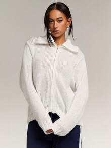 Athîral Women's Solid Color Long Sleeve Zip Front Casual Cardigan For Autumn/Winter - White - View 4