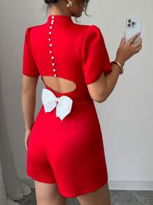 Elenzga Backless Bowknot Decor Women's Elegant Jumpsuit - Red - View 2