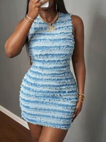 Slaydiva 2025 Summer New Music Festival Birthday Party Graduation Casual Daily Wear All-Match Versatile Leisure Vacation Cruise Travel Beach Sunbathing Streetwear Punk Denim Girls Washed Frayed Striped Fabric Round Neck Sleeveless Fitted Mini Dress With Metal Zipper, Blue Women Denim Dress