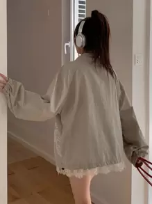 DAZY Damen Spitze Patchwork Buchstaben Muster Loose Langarm Jacke, Herbstkleidung