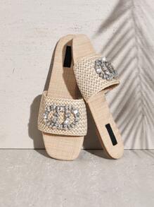 SHUZIA Women's Square Toe Rhinestoned Cross Band Raffia Flat Sandals Spring Shoes Spring Break Easter Vacation Shoes Casual Shoes Beach Shoes - Red and White - View 7