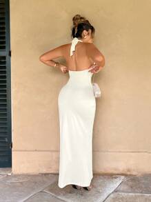 Sirith Vestido largo con cuello en V profundo, fruncido en la cintura, decoración de botones metálicos, abertura alta, sin mangas y textura, sexy - Albaricoque - Ver 2