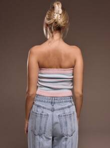 MUSERA Top bandeau tejido de manga larga y ajustado con rayas de contraste, informal, bonito, estilo Y2K de los 90, ideal para el brunch de primavera y verano