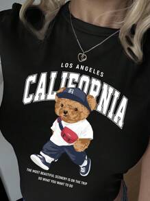 SHEIN EZwear 休闲简约加州学院风熊图案圆领短袖短款紧身女式 T 恤