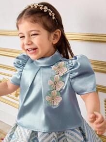 SHEIN 2 件套女婴套装：可爱领口贴花衬衫和提花裙 - 藍色 - 查看 4