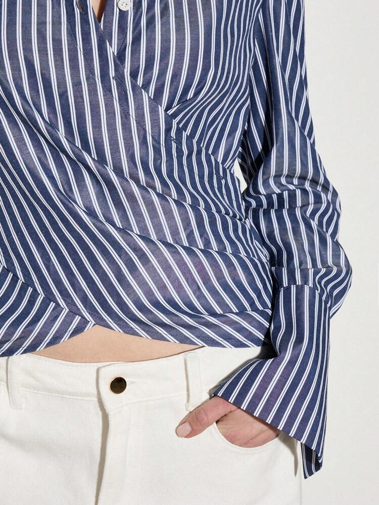 Elegant Wrap Front Striped Long Sleeve Blouse