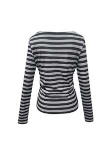 INAWLY Áo thun dài tay in hình đầu lâu sọc phong cách Y2K dành cho nữ - Xám - Xem 2