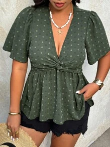 SHEIN Clasi Blusa de mujer con cuello en V profundo texturizada con pliegues delanteros de unicolor - Verde - Ver 4