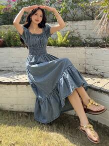 DAZY 女式方领短袖牛仔连衣裙，束腰，夏季 - 中等水洗藍 - 查看 2