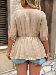 Breezaya Blusa de vacaciones para mujer de talla grande con mangas 5/10, cuello en V, cintura fruncida, volantes en el dobladillo y parches, estilo casual y de moda para el verano