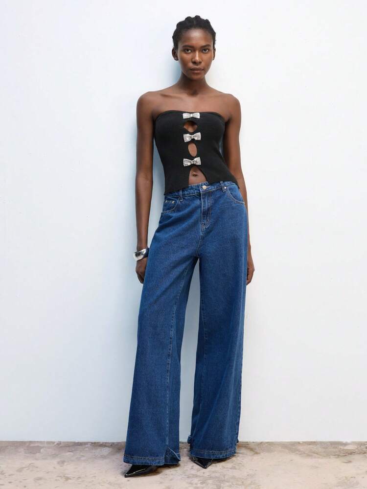 SHEIN Maija Women's Spring/Summer Elegant Bowknot Rhinestone Decor Knit Crop Top, Suitable For Casual Daily Wear, Dates, Parties, Weddings, Music Festivals