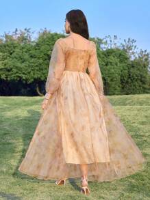 Modelyn Women's Tie Dye Print Sweetheart Collar Mesh Long Sleeve Elegant Mid-Length Dress Fall Cloth For Women