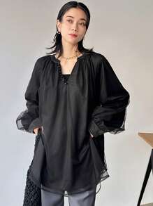 FRIFUL Blusa negra holgada con capa de malla, top de verano 2 en 1, blusa de manga larga con volantes - Negro - Ver 2