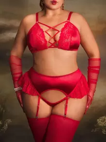5 件套复古优雅宫廷风格性感花卉蕾丝和缎面荷叶边大码开裆内衣套装，红色 - 紅色 - 查看 3