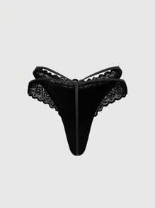 ROMWE Grunge Punk 1pc Goth Punk Style PU Leather Lace Triangle Brief Panty - Black - View 2