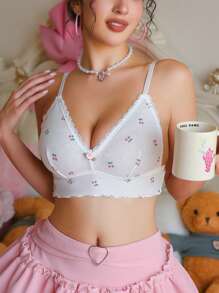 PetitDoll Lencería de mujer con sujetador de encaje cómodo y acanalado en estilo preppy