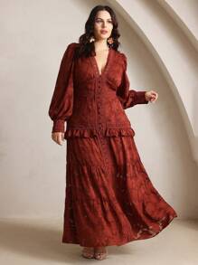 Anewsta Red Elegant Plus Size V-Neck Long Sleeve Satin Maxi Dress,Autumn Patchwork Ruffle Hem Slim Waist Party Dress For Wedding,Formal,Work,Valentine's Day - Burgundy - View 6