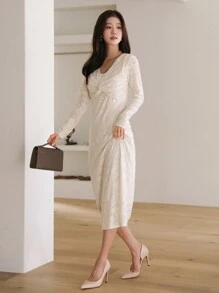 DAZY Textured Fabric Twist Detail Long Sleeve Fitted Dress, Elegant Women Long Fall Dress - Beige - View 3