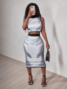 BamGleam Conjunto de Top Cropped e Saia Estilo Tie-Dye Elegante e da Moda - Cinza - Visão 4