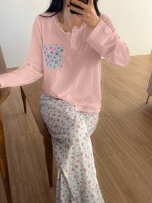 DAZY Ditsy Floral Lace Patchwork Pocket Decorative Top And Wide-Leg Loose Pants Pajama Set