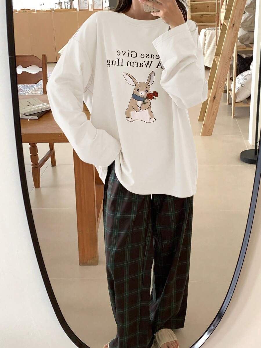 DAZY 可爱兔子图案印花宽松套头衫 & 格子睡裤套装
