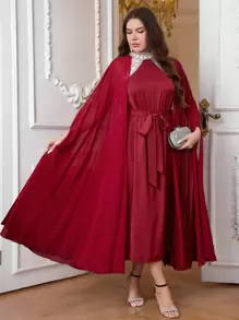 SHEIN Clasi Robe longue extra femme grande taille rouge à col montant avec décoration de sequins brillants, taille cintrée en forme de ligne A, robes printemps/été pour femmes