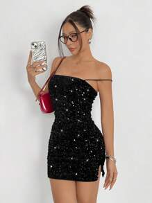 SHEIN EZwear Women's Sequined Minimalist Casual Daily Short Dress