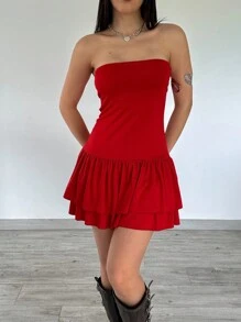 Women's Solid Color Ruffled Hem Strapless Fashion Dress