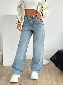 EURMUSE Women's High Waist Pockets Straight Loose Washed Casual Jeans - Medium Wash - View 5