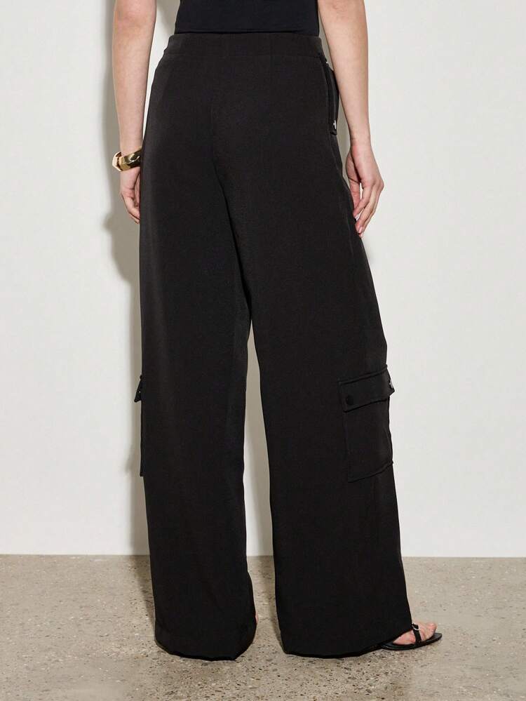 AiiRZ Contemporary Wide Leg Cargo Trousers With Side Utility Pockets Elegant Professional Office Wear Business Casual Pants