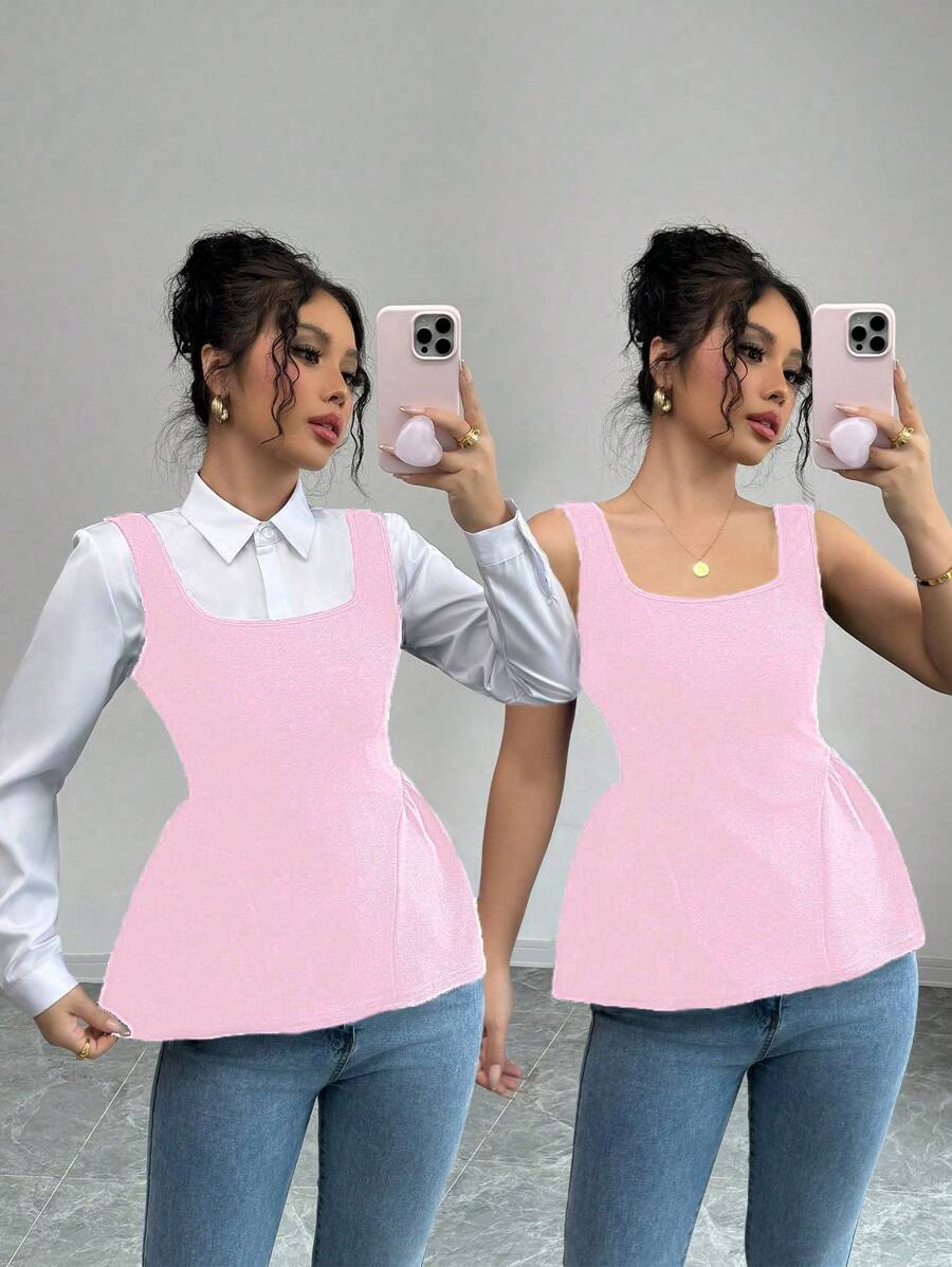 Elenzga Women's French Pleated Square Neck Casual Versatile Tank Top - Pink - View 1