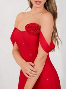 SHEIN Clasi 优雅露肩玫瑰印花修身开衩女式连衣裙，90 年代服装，红色连衣裙，优雅大方，节日 - 紅色 - 查看 1