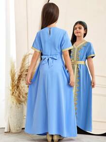 SHEIN Sukienka dla dziewcząt w wieku 12 lat z aplikacją i dekoltem w serek, z krótkim rękawem - Niebieski - Zobacz 2